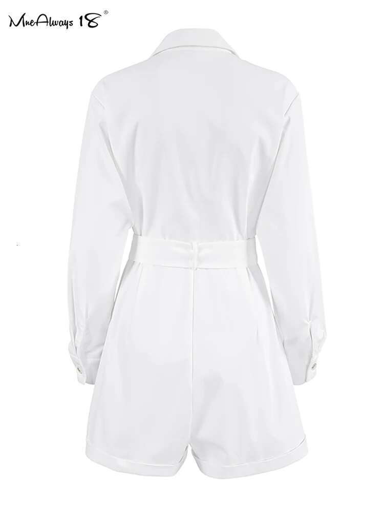 Elegant White Rompers With Belt Long Sleeves One-Piece Ladies Office Pockets 2024 Shirts Shorts Jumpsuits Woman Fall