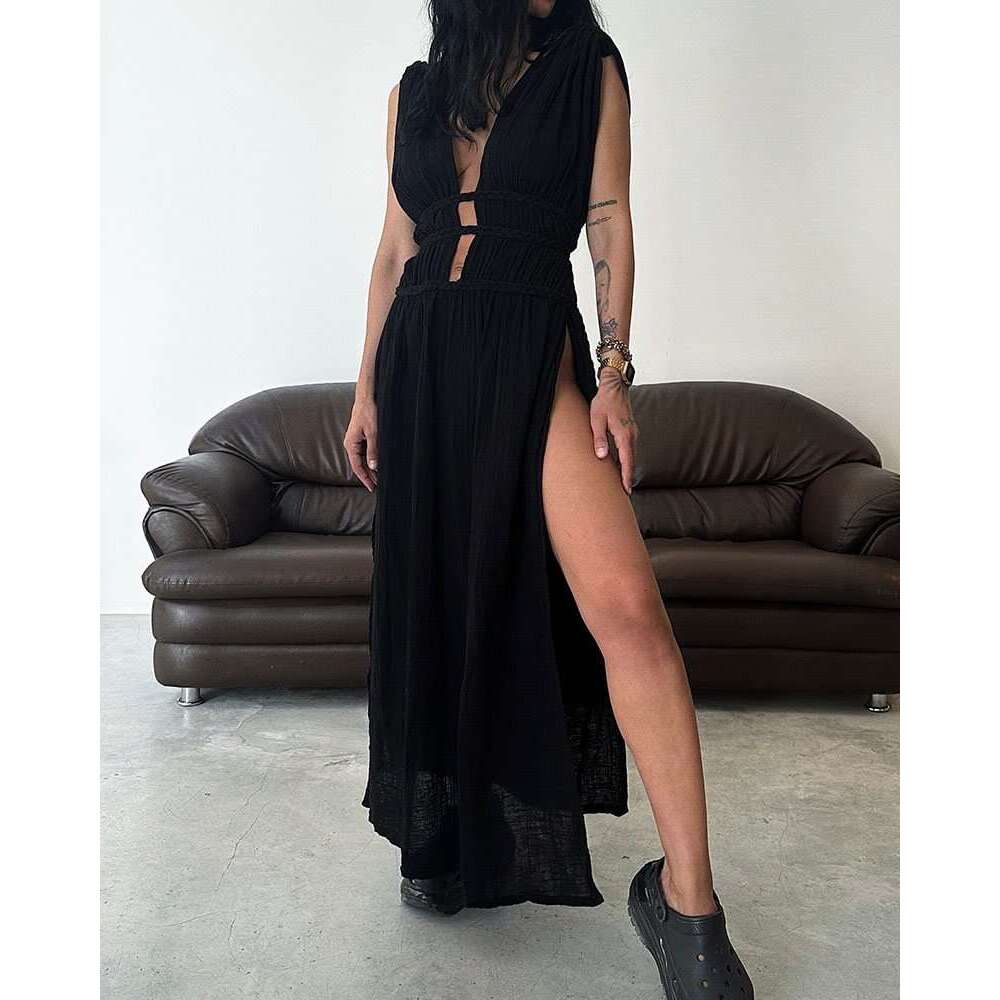 Bohemian style en blend sleeveless braided belt with hollowed out slit long skirt, 2025 new casual fashion trend clothing