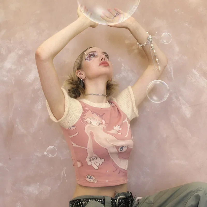 Y2k Cute Graphic Knitted Splice T-shirts Harajuku Kwaii Cartoon Skinny Crop Tops Women 90s Aesthetic Streetwear Summer 250303