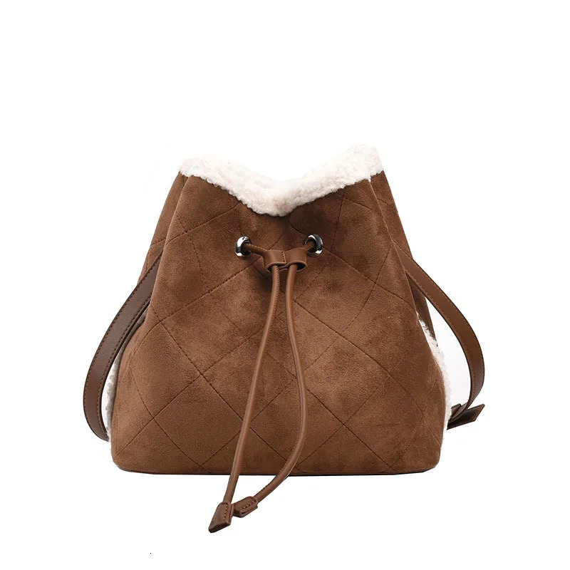 Lamb Fur Suede Drawstring Bucket Bag Large Capacity Womens Wide Shoulder Strap Light Crossbody Bags 250303