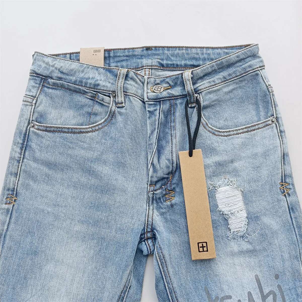 KSUBI Cross Men Fashion Trend Wash Light Blue Letter Print Low Rise Elastic Skinny Pants Daily Casual Ripped Frayed Jeans