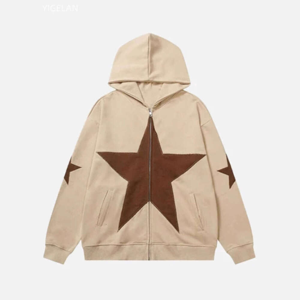 Street oversized loose fitting women's pentagonal star patch embroidered printed hoodie personality zipper sweater men's jacket
