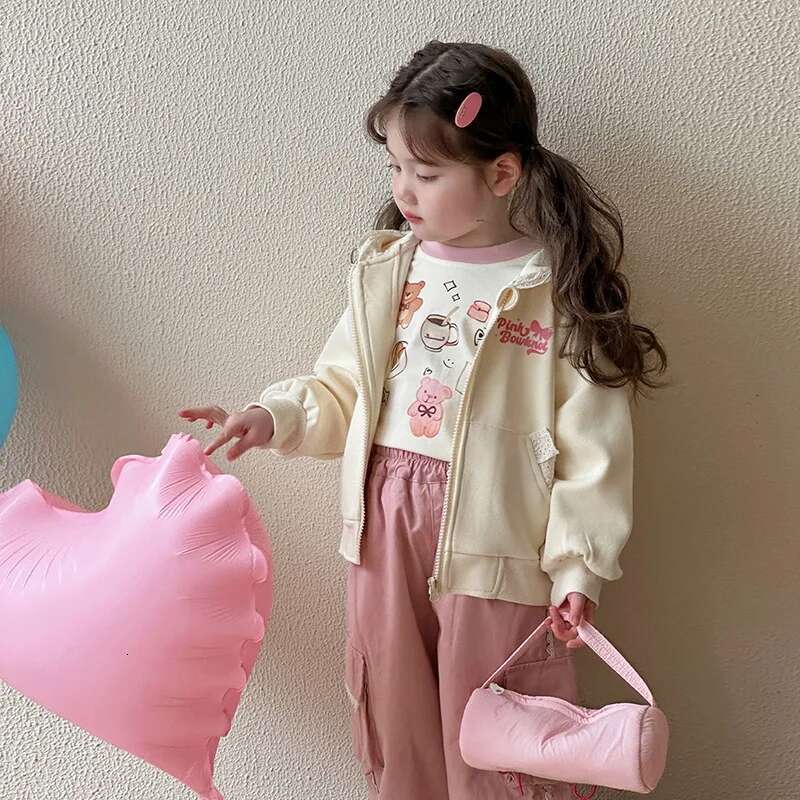 Ddmyshoesvip Spring Korean Baby Jacket Cotton Letter Lace Pocket Hood Kid Coat Loose Zipper Trendy Toddler Girl Outerwear