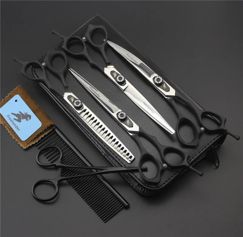 7inch big Tooth Black Pet grooming scissors setspet scissorsSTRAIHT THINNING CURVED scissors 4pcs/set 250304