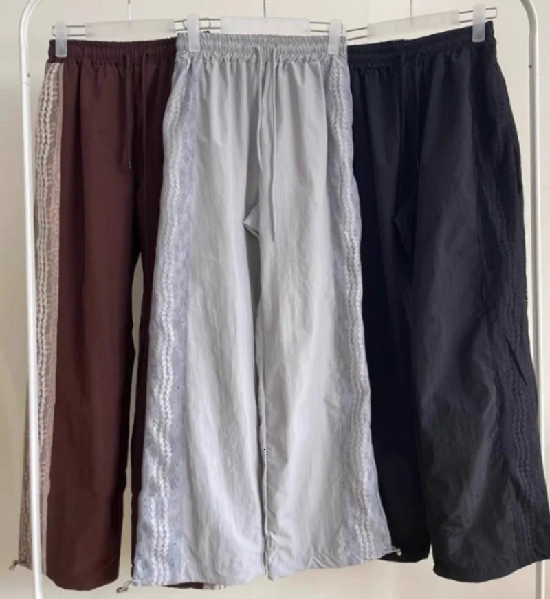 Fashion Vintage Lace Patchwork Nylon Wide Leg Pants 2025 Summer Loose Y2k E- High Waist Straight Trousers 250303