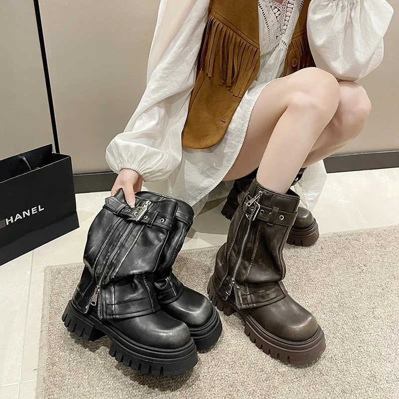2024 New Shoes for Wen Belt Buckle Wens Boot Fion Side Zipp Modern Boots Wen High Quality Round Toe Mid-Calf Zapatos Z250304