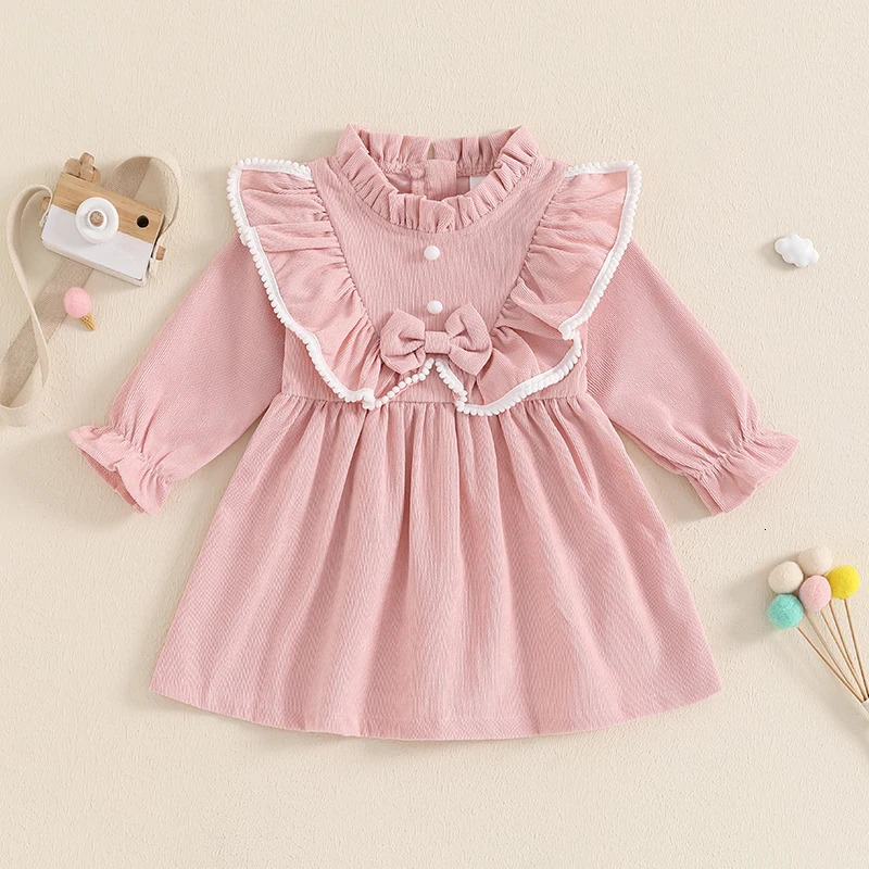 Sweet Kids Baby Girls Long Sleeve Corduroy Princess Dress Autumn Mock Neck Ruffled Children Clothes 250303