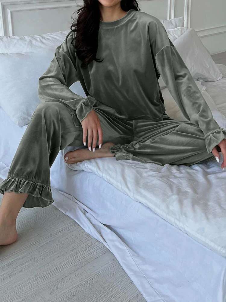 Hiloc Veet Pamas For Women 2 Piece Sets Ruffle Long Sleeve O Neck Sleepwear Female Knitted Trouser Suits 2024 Autumn Casual