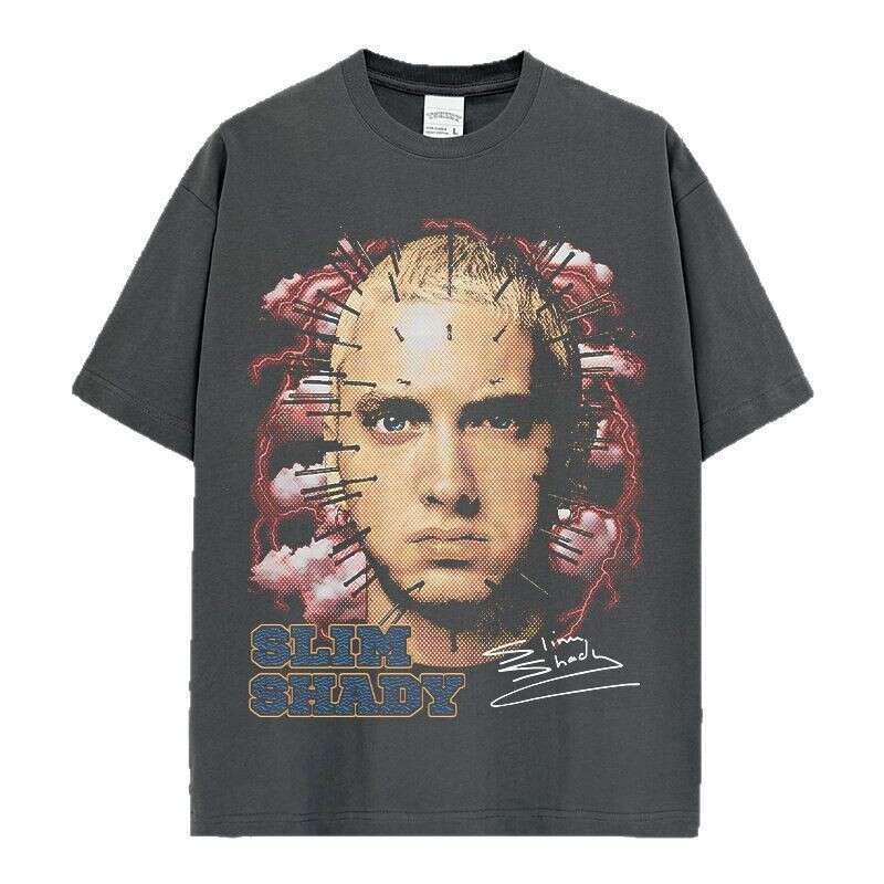 Amu Hip Hop Rap American T-shirt Street Trendy Brand 3D Printed Vintage Washed Round Neck Short Sleeve