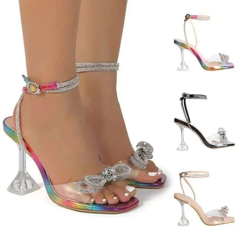 Rhie Bow-Knot Women PVC Jelly Pumps Heels Ladies Shoes Sexy Square Toe Ankle Buckle Strap New Sandals Plus Size