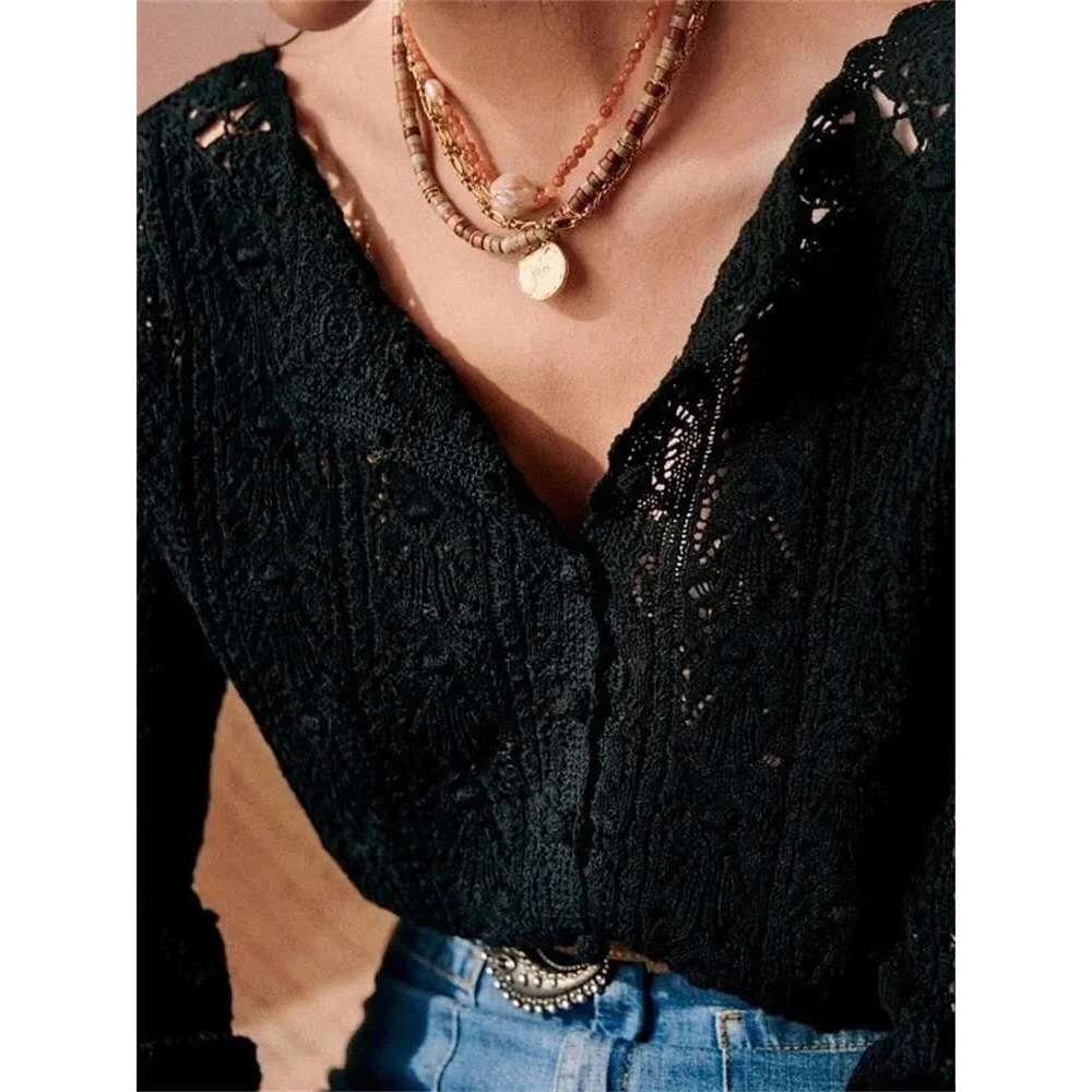 2025 Spring Women's Crocheted Knit Sweater Lady Long Sleeve Hollow Out Cardigan Knitwear Outwear Double Wear Tops For Holiday