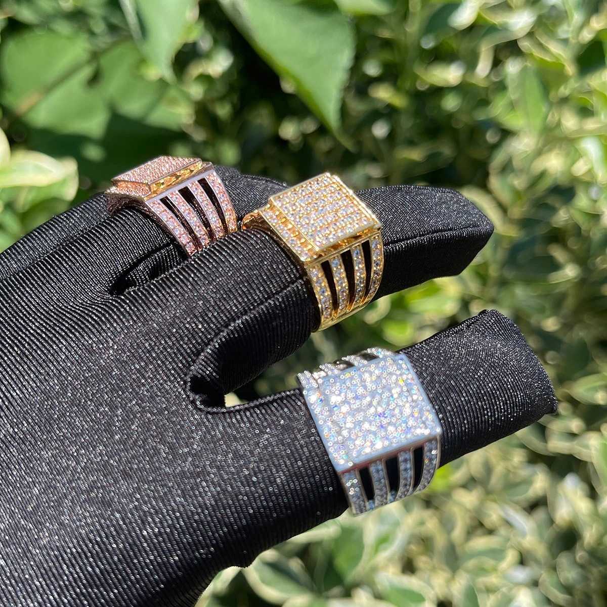 Couple Rings Wind hip-hop square zircon ring with four rows of hollowed out side fashionable and personalized trendsetter ring H25303