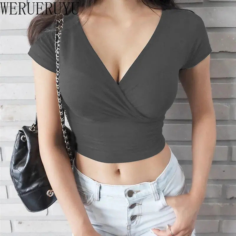 Summer Black Sexy Vneck Tshirt Short Sleeve Y2k Crop Top Women Clothes Streetwear Korean Fashion Corset Tops Tshirts 2023 250228