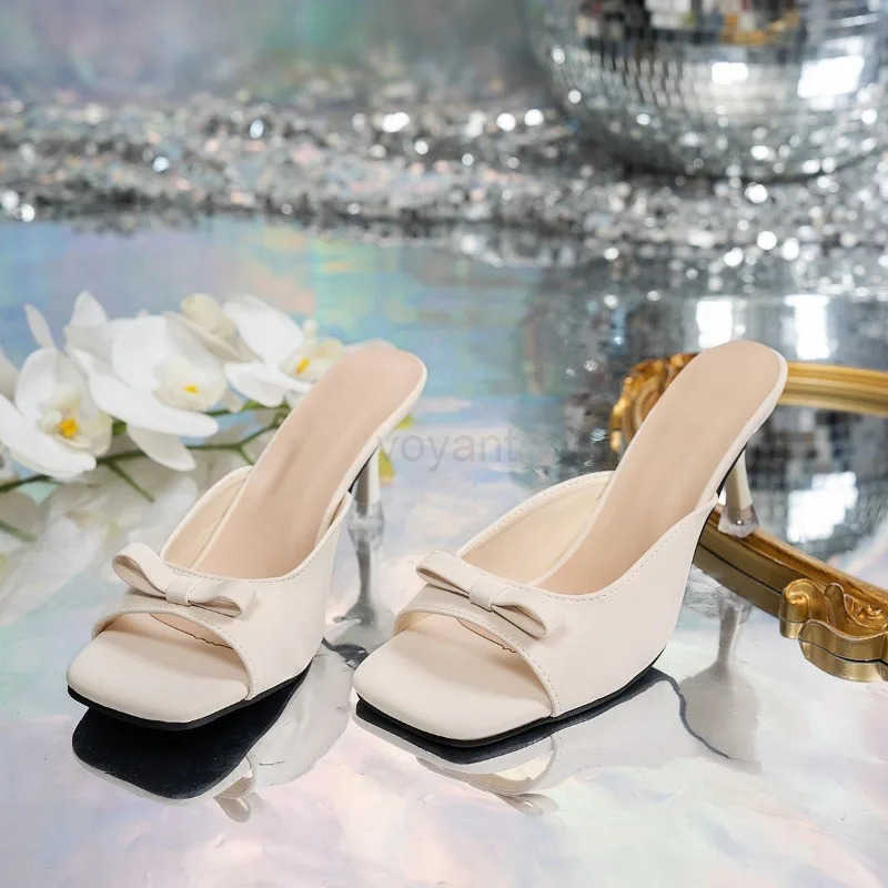 Bowknot High Wens Sandals 2025 Thin Heel Summer Outdoor Wens Slippers 42 Black WHite Square Toe Slippers Z250304