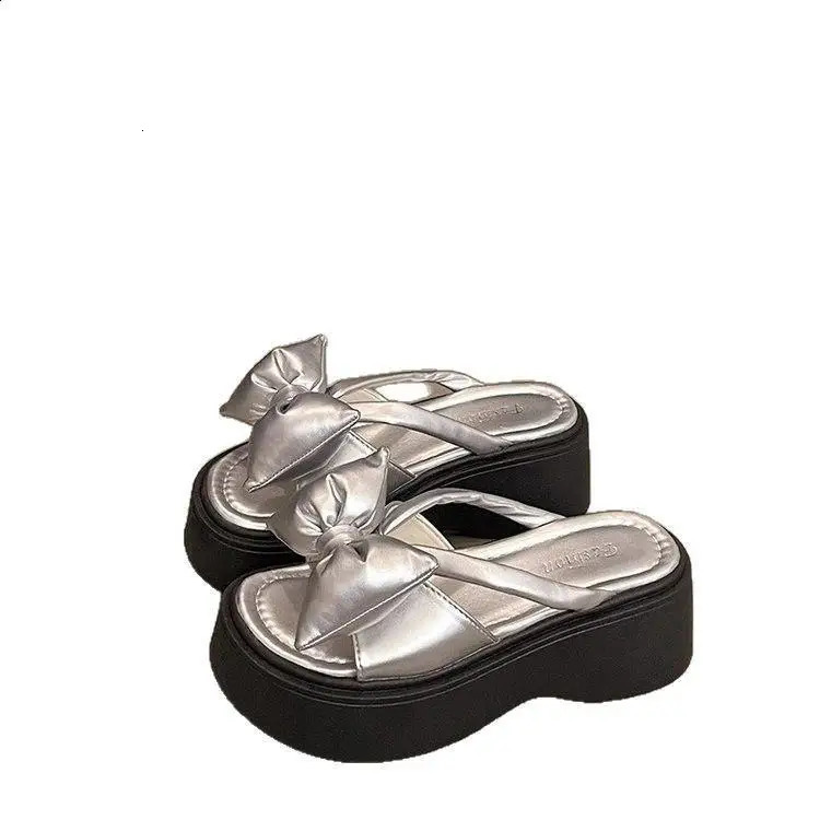 Shoes Ladies Slippers Platform Slides Slipers Women Low Butterfly-Knot Rubber PU Fashion Fabric Hoof Heels 250303