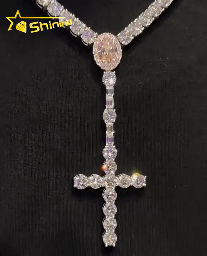 Trendy New Arrivals Iced Out Tennis Chain Set Custom Made Manufacturer VVS Moissanite Dia Cross Pendant Necklace