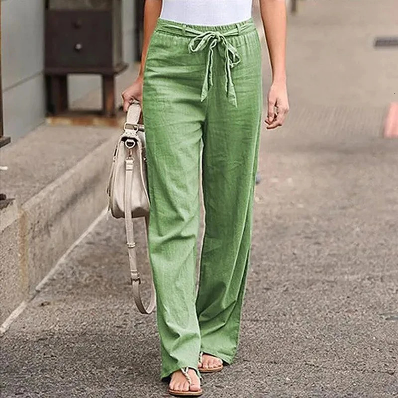 Women Solid Long Pants Women Casual Loose Cotton Linen Lace Up Elastic Waist Wide Leg Trousers Ladies Streetwear Straight Pants 250303