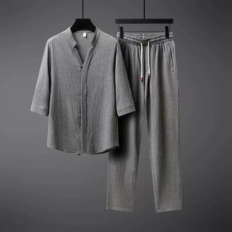 Summer Men Solid Color Set Casual Sets TShirtsPants Two Piece Mens Sportswear Jogger Tracksuits Fashion Sports Suit 250227