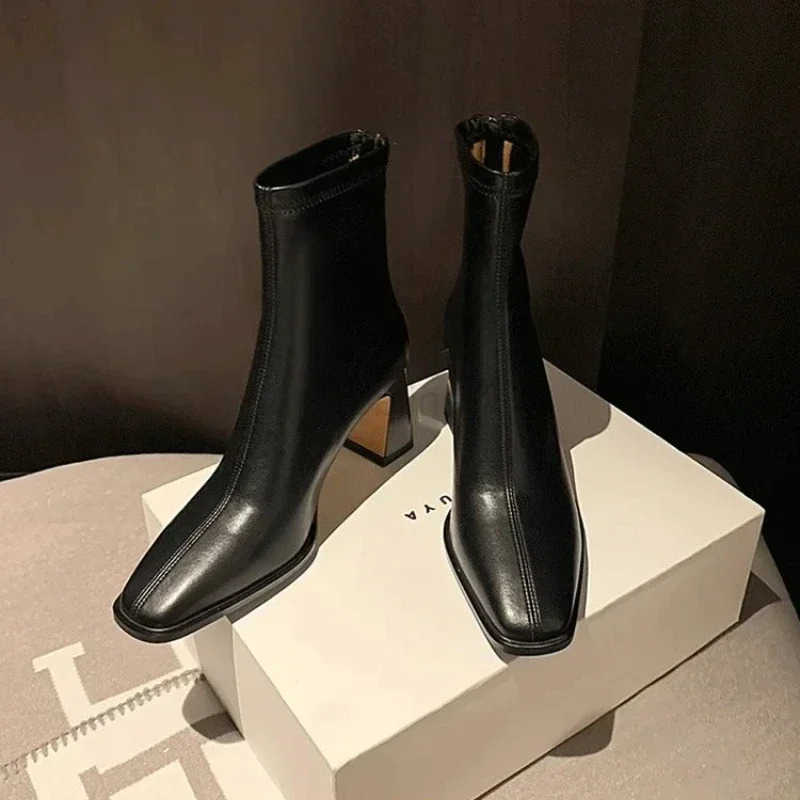 Wens Fion Ankle Boots Winter Square Toe Leather High H 2025 Back Zipper Cfortable Warm Elastic Boots Botas De Mujer Z250304