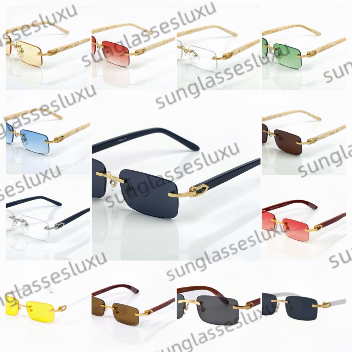 Fashion Rectangle Mens Designer Glasses Sunglasses Rimless Square Blue Lens Peach Heart Gold Hardware Polishing Craft Letter Decorate Arm Buff Wooden Eyeglasses