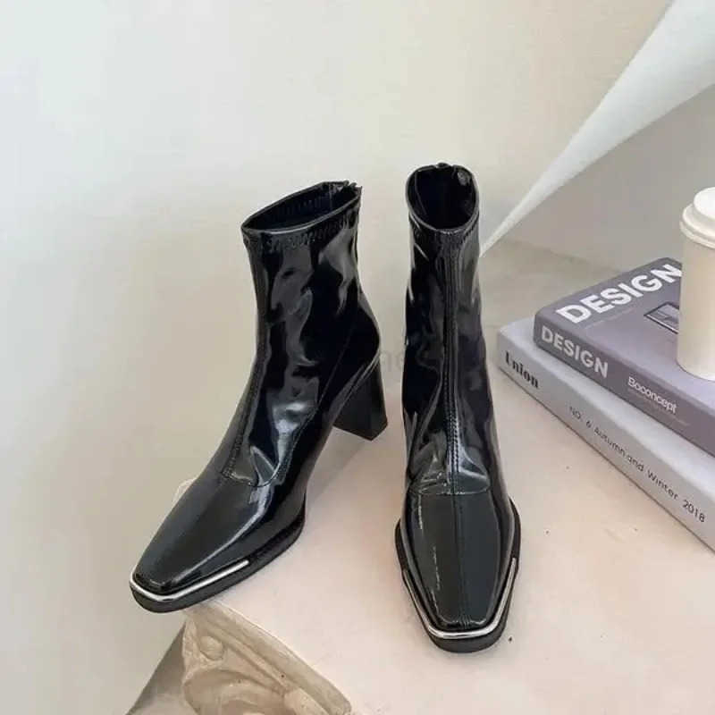 Wens Square Toe Short Boots Fionable Elastic Zipper Boots Autumn Winter Outdoor High H Motorcycle Shoes Black Botines Z250304