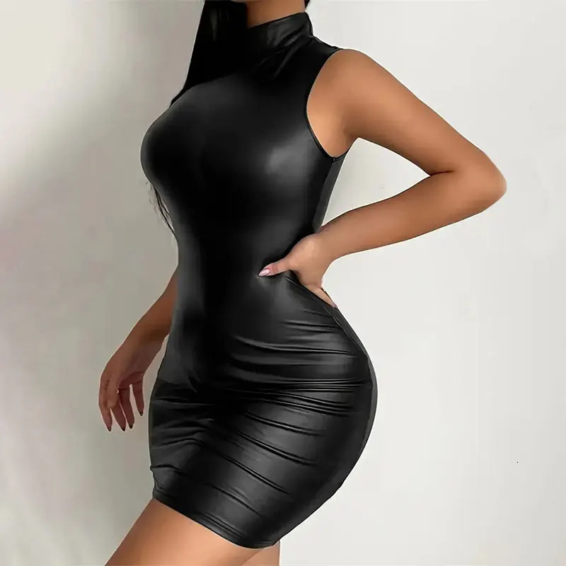 Party Bodycon Pu Leather Ladys Solid Color Dress Sexy Sleeveless Slim Elastic Package Hip Tee Skirt Mini Short 250227Z