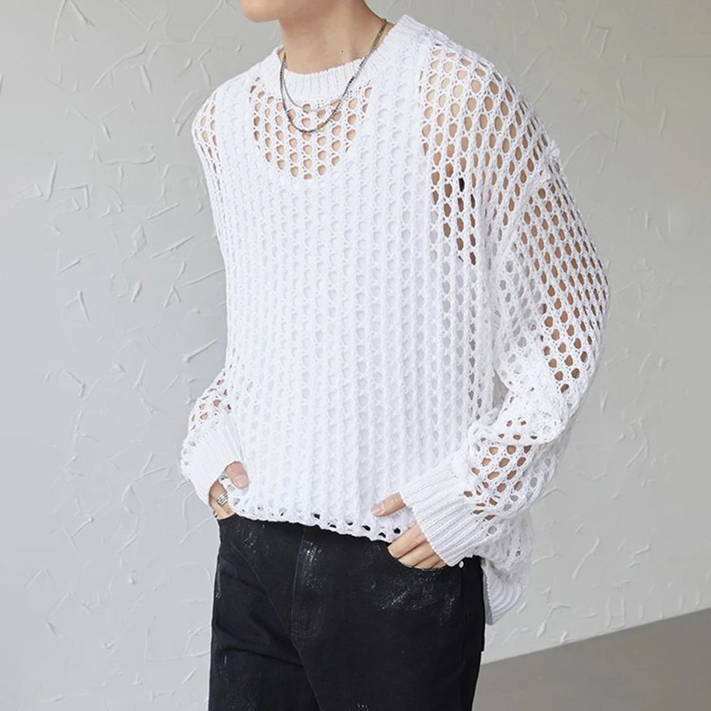 Mens Y2k Hollow Out Outfits See-Through Knit Shirts Summer Fashion All-Match Casual Geometric Vintage Loose Smock Tops 250304