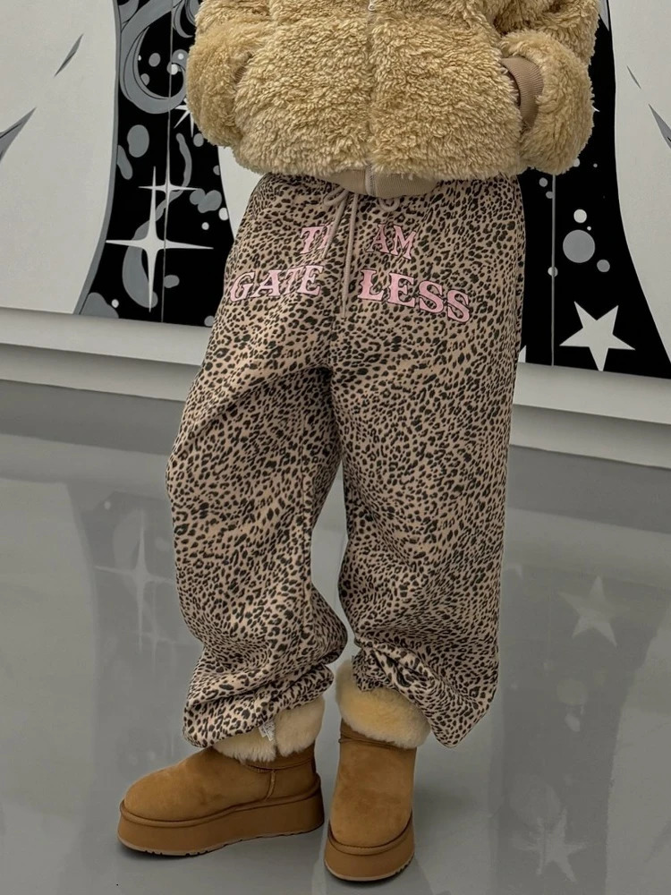 Deeptown Y2k Vintage Leopard Print Mid Waist Long Pants Women American Retro Streetwear Hip Hop Letter Print Loose Trousers 2025 250303
