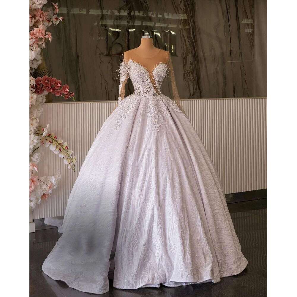 Charming Ball Gown for Wedding, O-neck Illusion, Appliques, Lace, Pearls, Pleats, Backless Wedding Dress, Custom Made
