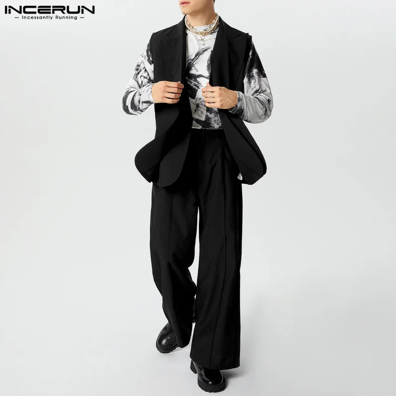 INCERUN Men Blazer Suit Notch Collar Sleeveless One Button Double Layer Blazer Vest And Solid Color Long Pants 2Pcs Pantsuit 250303