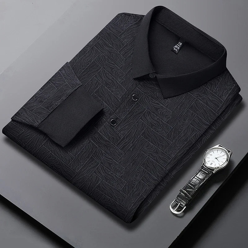 Mens Business Casual Long Sleeved Shirt Solid Color Polo Shirt Fashionable Breathable Comfortable Versatile Top 250304