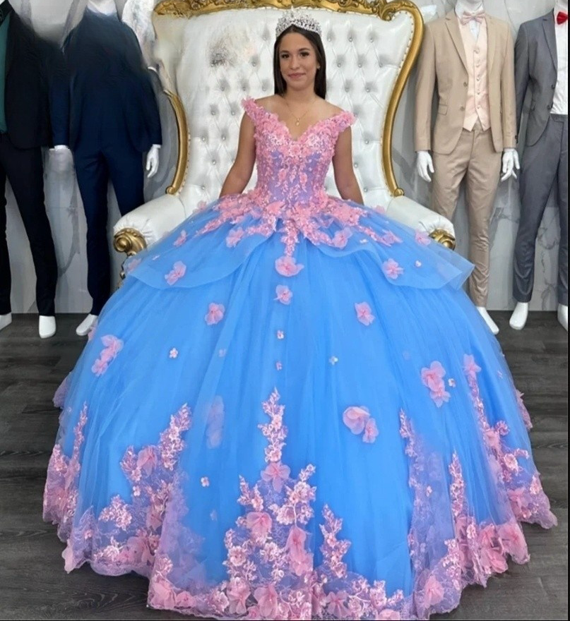 Exquisite Blue And Pink Princess Quinceanera Dress With 3D Floral Appliques V-neck Off Shoulder Prom Occasion Sweet 16 Dresses Lace-Up Back