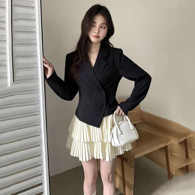 Fashion Fake 2 Piece Blazer Dress Women's Lapel Slim Double Breasted Long Sleeves Pleated Patchwotk Mini Dresses New