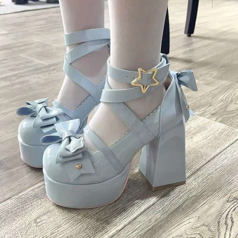 Lolita Women High Heels Woman Chunky Sandals Summer Mary Janes PU Leather Shoes Retro Bow Party Platform Pumps