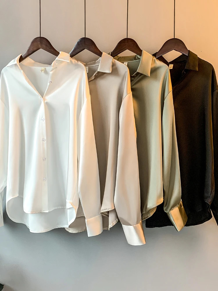 Office Lady Long Sleeve blouse Women Autumn Overshirt Satin Femal Clothing Elegant Korean Style er Blouse 250303