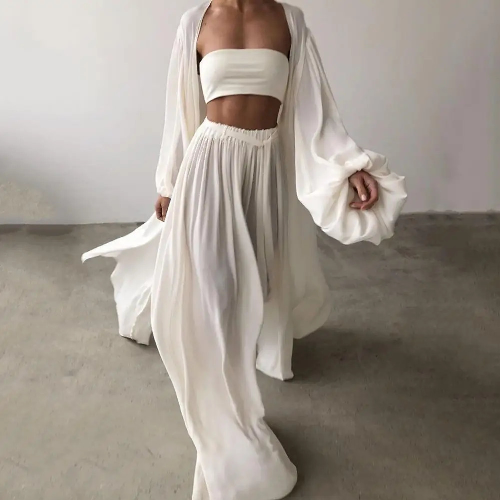 Fabulous elastic waist lantern sleeves wide leg womens autumn set long sleeved jacket pants 250225