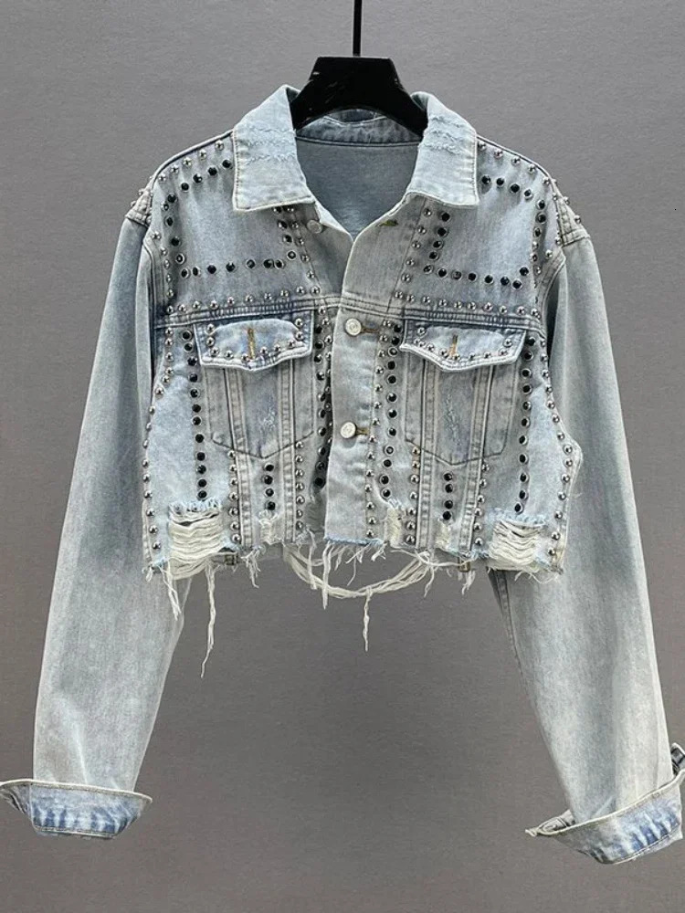 Womens Denim Jacket Spring Summer In Heavy Industry Rivet Studded Jean Jacket Women Worn Nail Bead Jean Jacket Top 250228