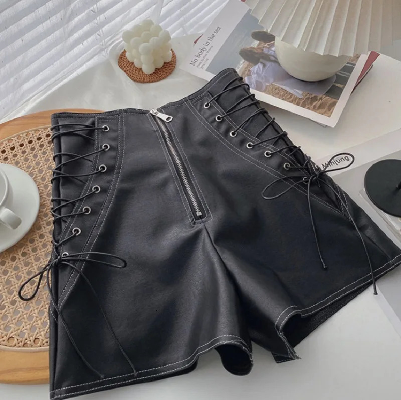Fashion Girl PU Leather Lace Up Shorts Toddler Teen Child Leather High Waist Shorts Wide Leg Short Pant Baby Clothes 2-16Y 250304