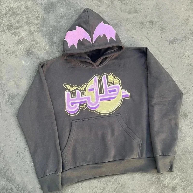 Harajuku Aesthetic Y2K Print Hoodies Wing Embroidery Loose Women Sweatshirt Hip Hop Punk Long Sleeve Pocket Men Streetwear Tops 250303