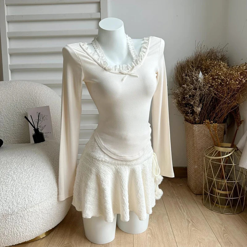 MEXZT Kawaii White Mini Skirts Women Preppy Cute High Waist Skirt Winter Japanese Streetwear Lace Up Chic Slim A Line Faldas 250304