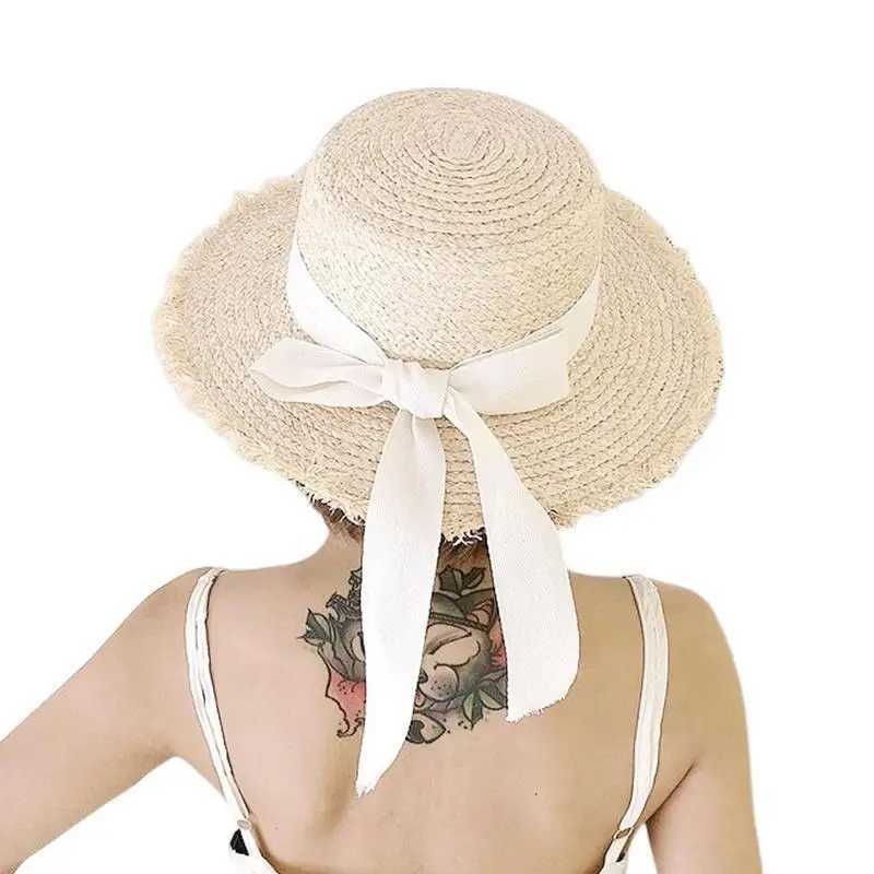 Str Beach Hat Womens Wide Stripe Bow Str Panama Hat Fashion Summer Beach Sun Hat Bow Breathable Str HatXJ250304