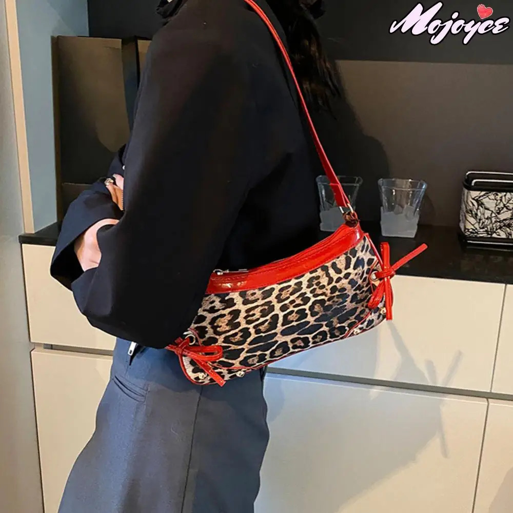 PU Leopard Trendy Bow Handbag for Women Zip Closure Stylish Underarm Bag Vintage Crescent Bag High Quality Shoulder Bag Bags 250228