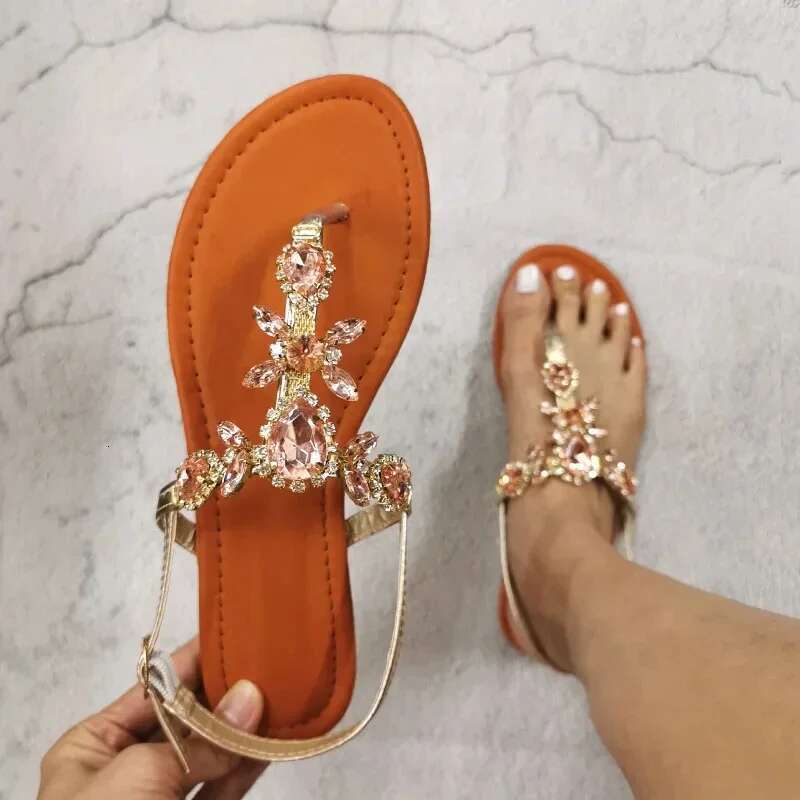 Trendy Summer 2025 Women's Shoes Large Size Beautiful Crystal Shiny Flat with Female Sandals Bohemia Back Strap Footwear