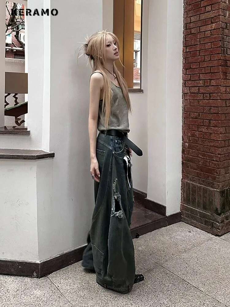 American Retro Oversized High Waist Jeans For Women Casual Grunge Baggy Pocket Y2k Pants Wide Leg Streetwear Solid Denim Trouser