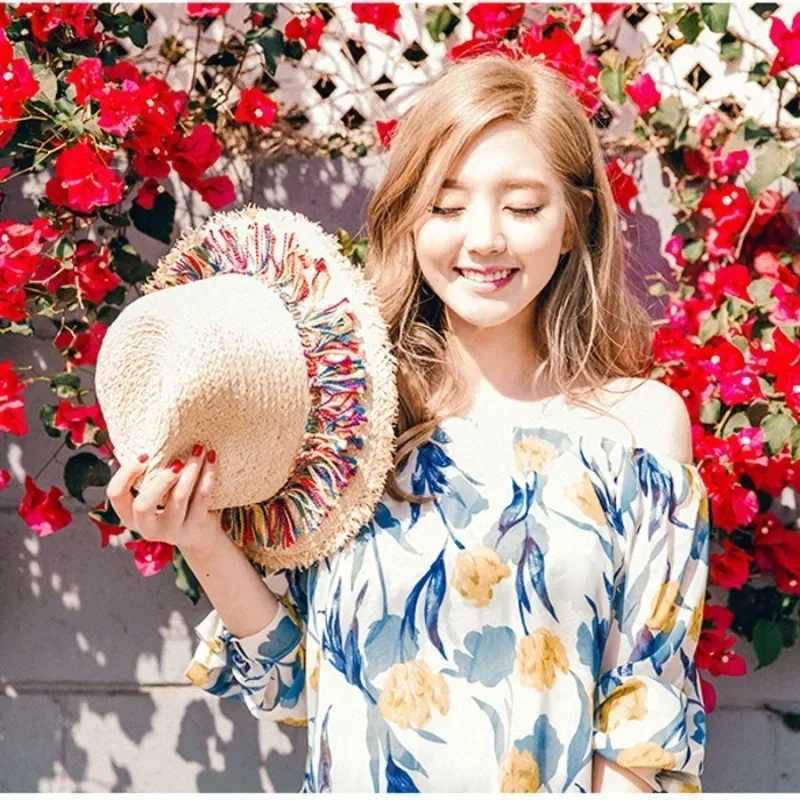 Girls Fashion Gifts MultiColored Tassel Grass Hat for Sun Shading Sun Protection Breathable Weaving Wide Brim Grass Hat GiftsXJ250304
