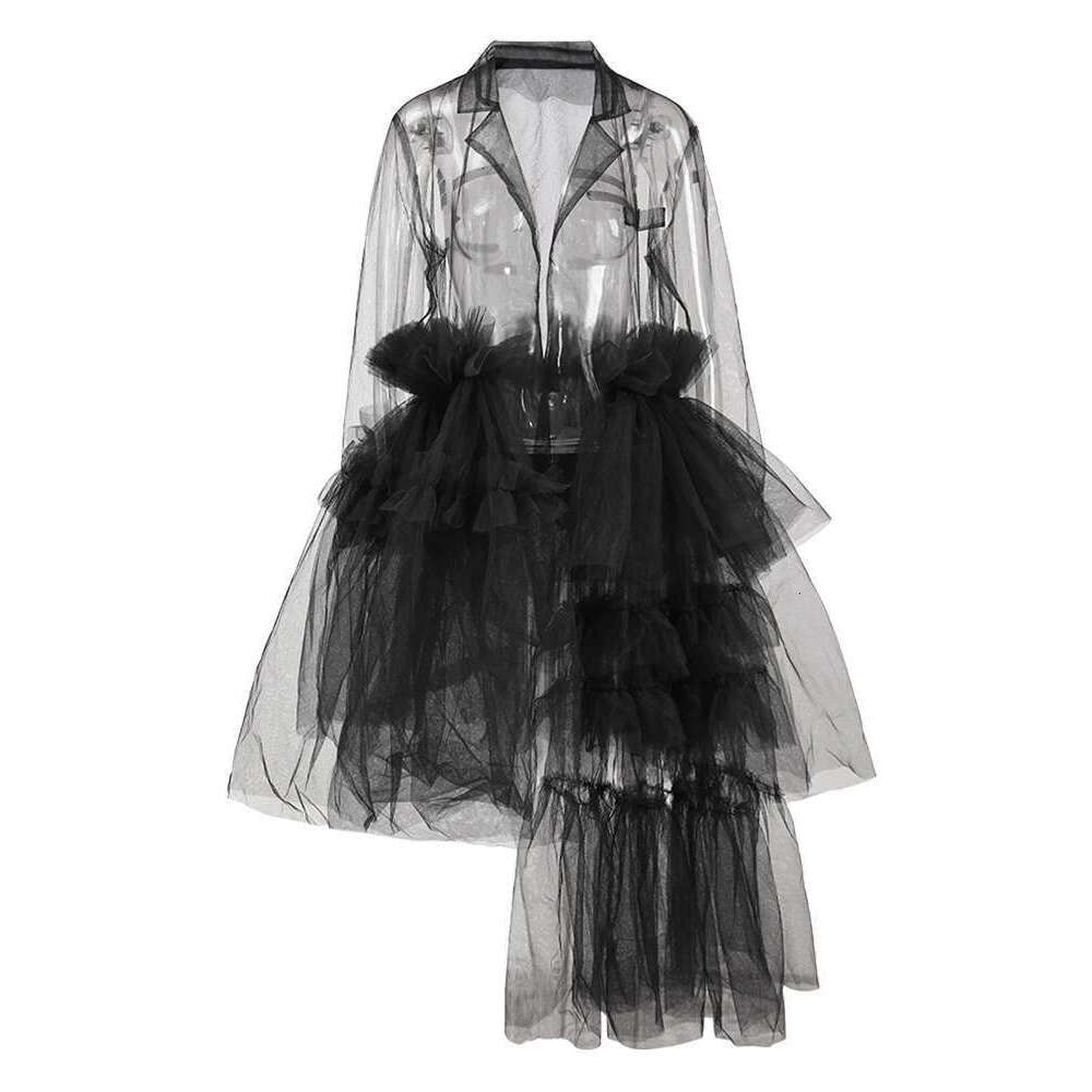 Fashion Women's Cardigan Dress V-Neck Long Sleeves Mesh Spliced Irregular Hem Loose Dresses Summer 2025 New Tide Cpdb110