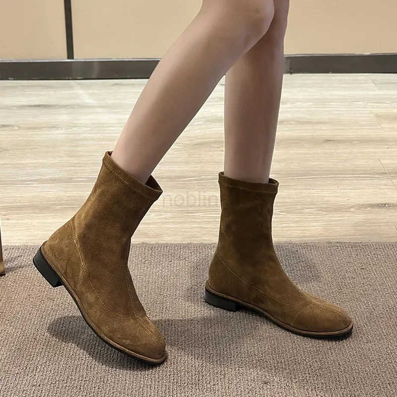 Vintage Wen Streh Sock Boots Fion Elegant Zippers Shoes Autumn Winter Flats Laides Modern Short Booties Z250304