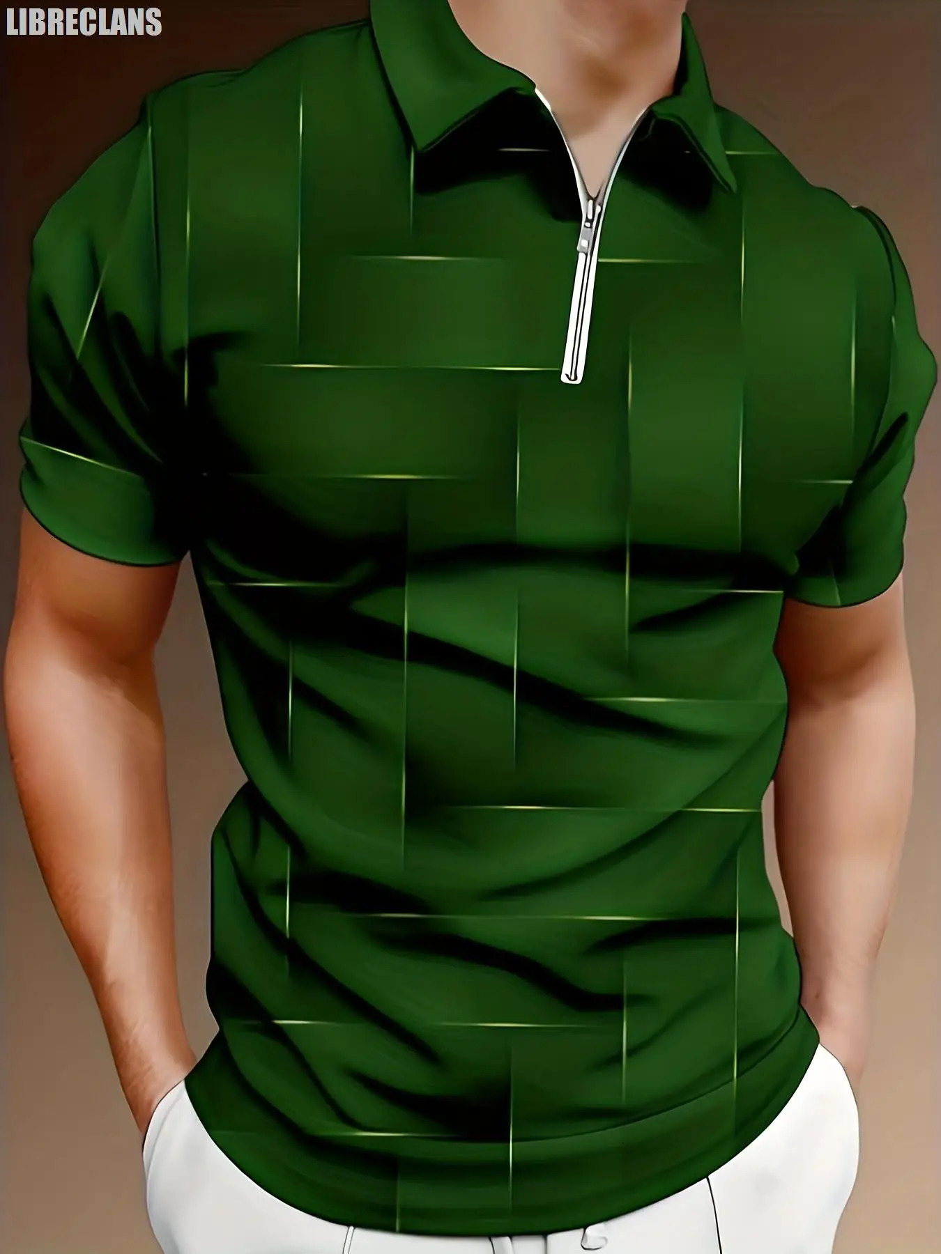 Vintage Gold Plaid Pattern 3D Printing Mens Zipper Polo Shirt Summer Fashion Short-Sleeved Top Harajuku Streetwear 250304