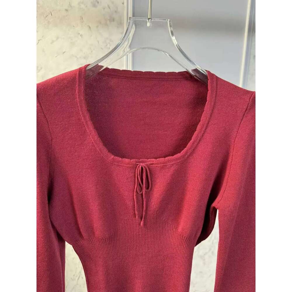 Women 2025 Autumn And Winter New Elastic Thread Waist Knitted Round Neck Lace-Up Long Sleeve Top