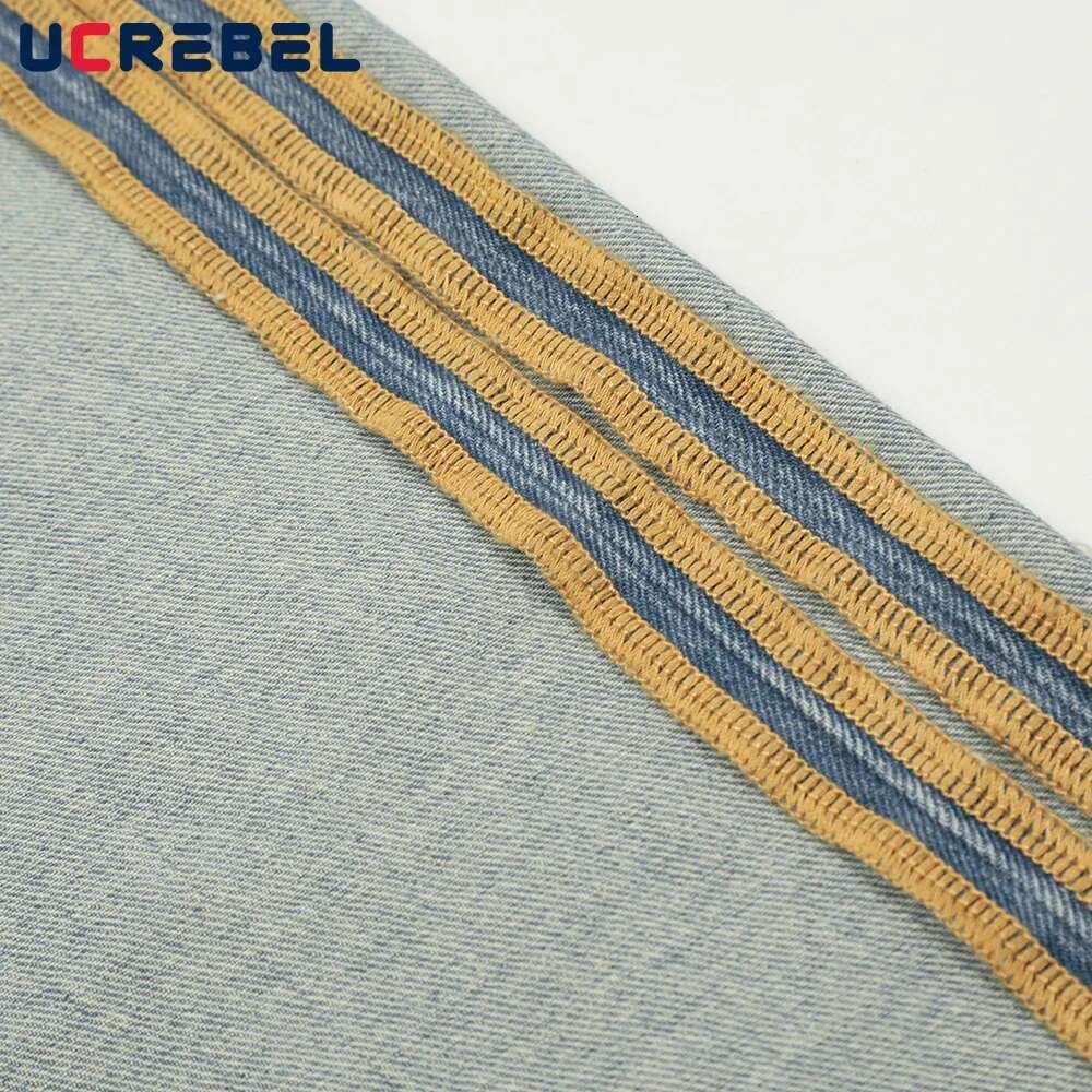 Side Stripe Washed Distressed Jeans Mens Spliced High Street Loose Straight Wide Leg Denim Pants Men Trousers